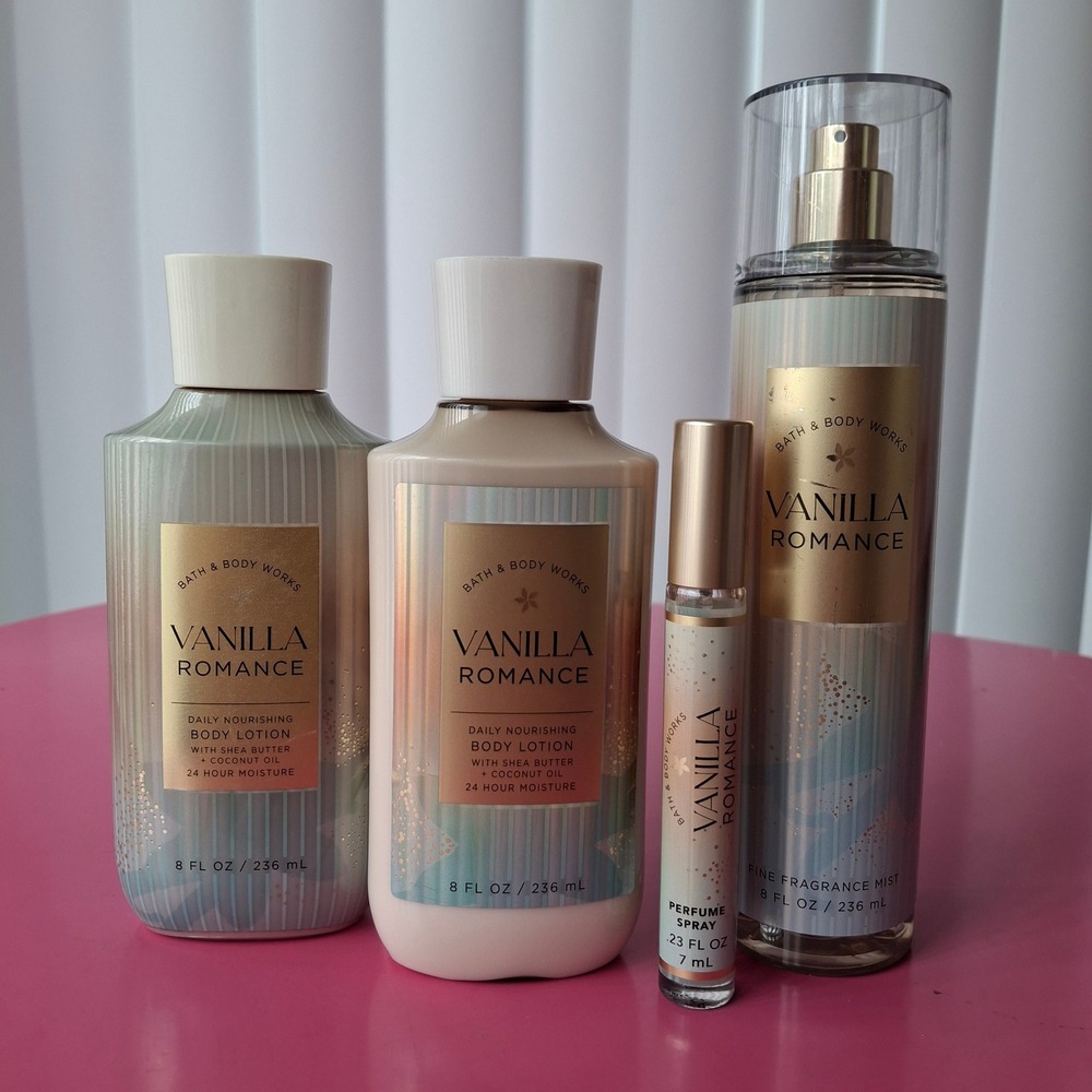 Bath & Body Works VANILLA ROMANCE Lotion Mist Perfume Set 4 Piece Full & Travel